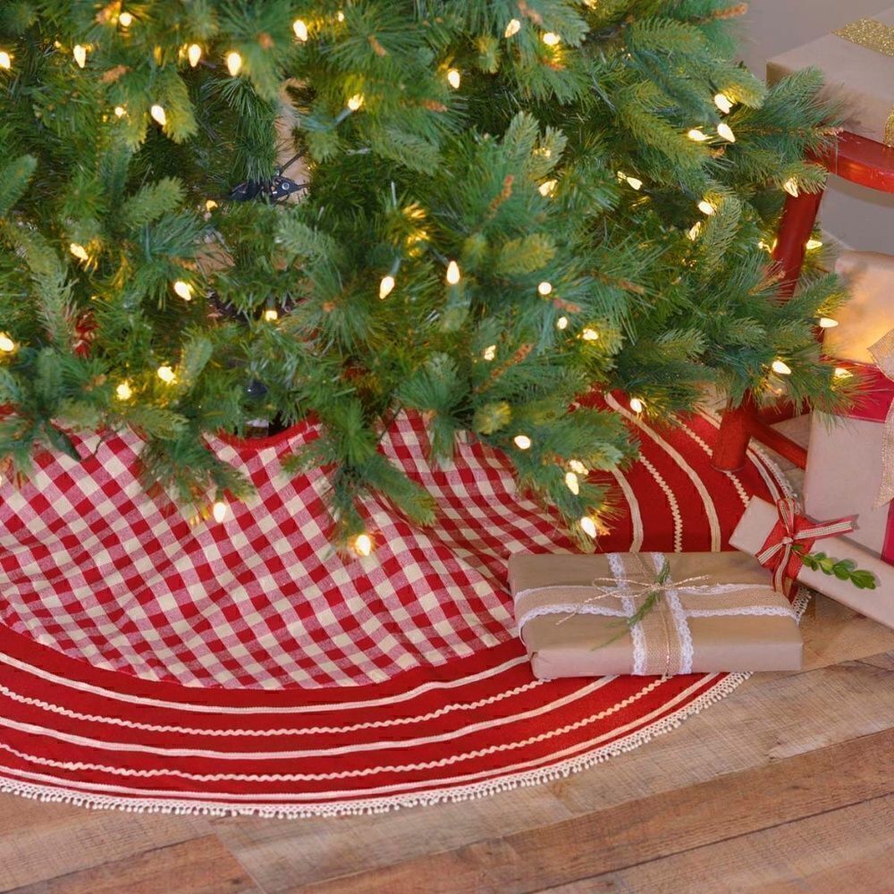 NWT Farmhouse Red Cream Plaid Christmas Tree Skirt Cotton 48"